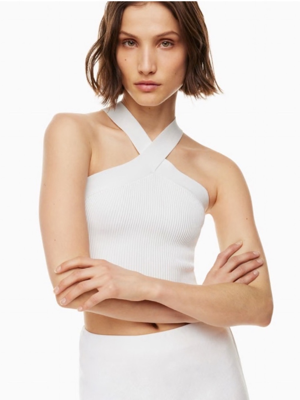 Aritzia Babaton Sculpt Knit Criss Cross Crop Top - White - XS